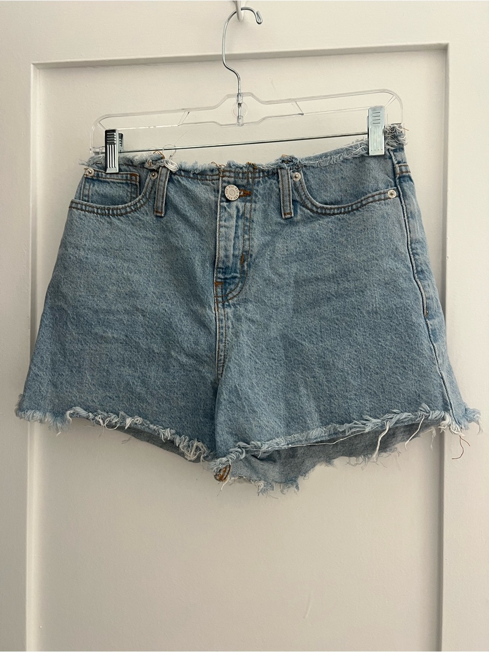 BDG Light Blue High-Rise Frayed Hem Jean Shorts